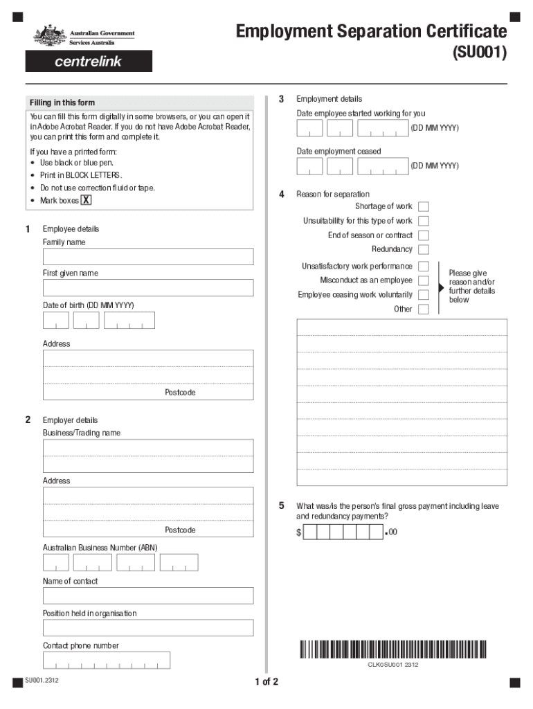 Employment Separation Certificate Form SU001 Services Australia 2023